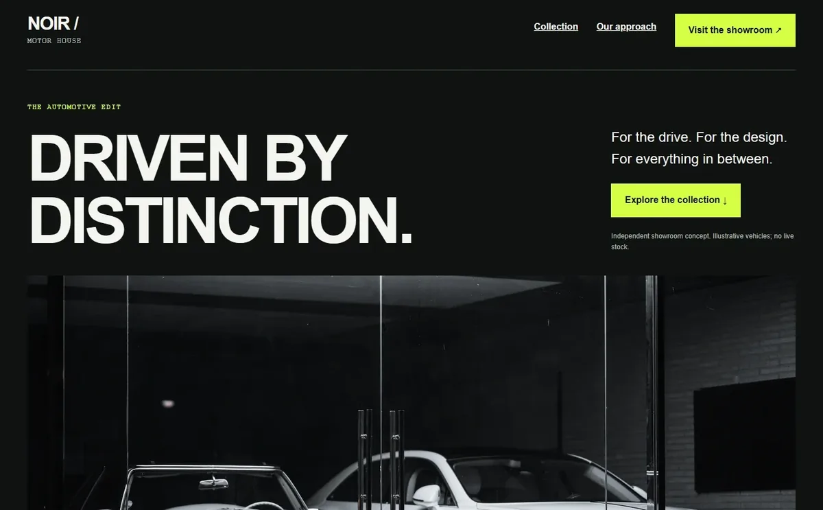 Noir Motor House car showroom homepage built by GoBuildWP in native Elementor