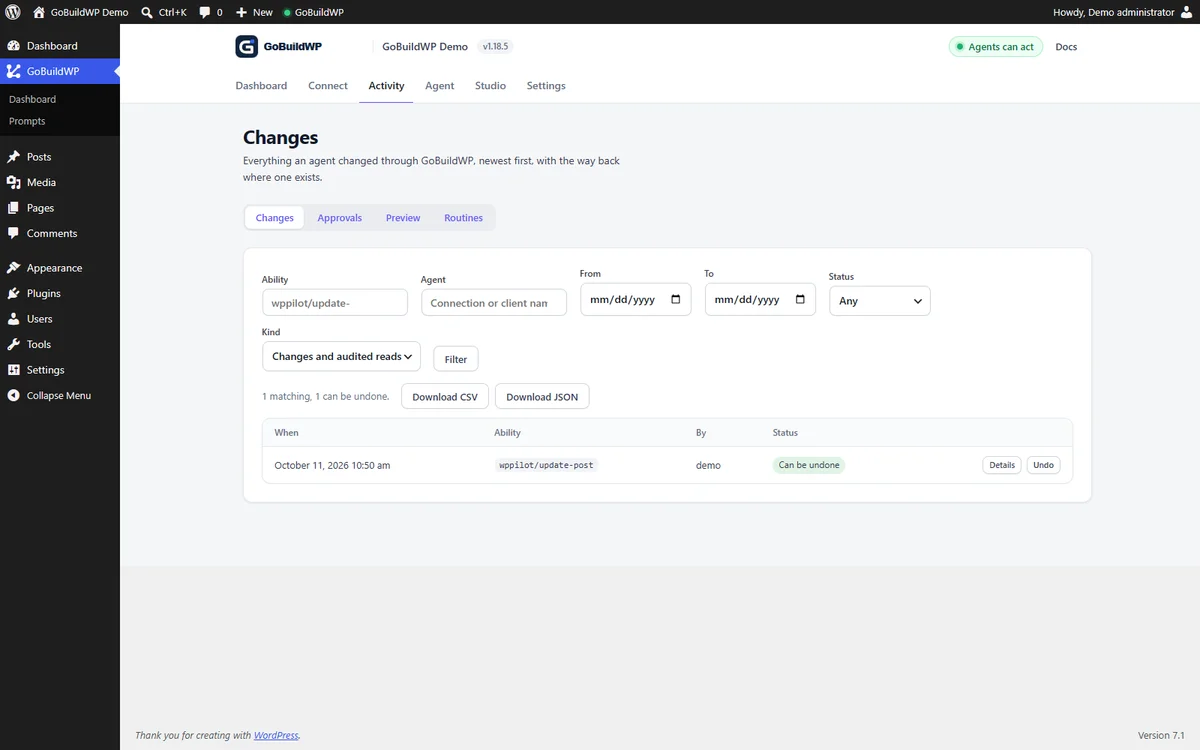 GoBuildWP Changes screen listing an agent edit that can be undone