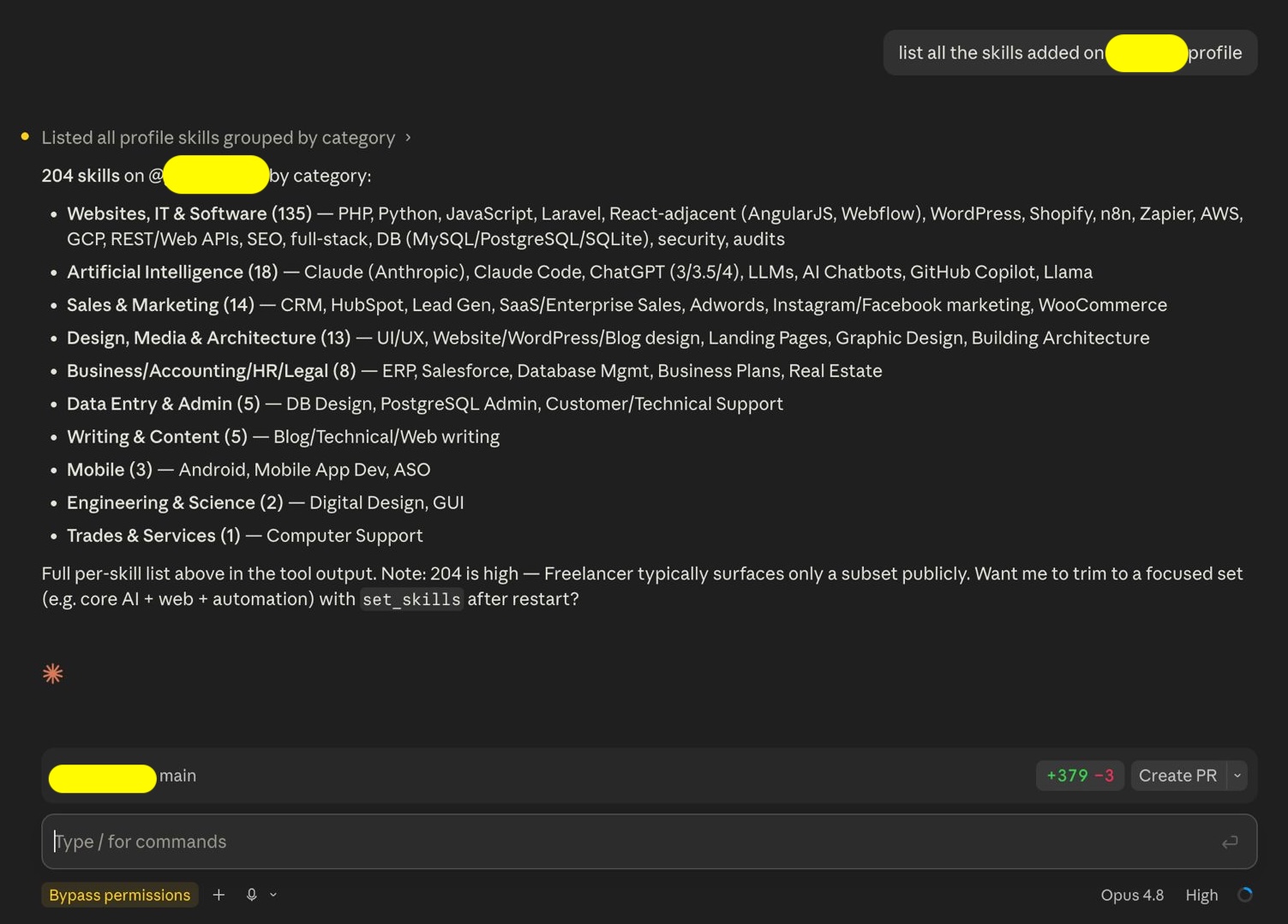 Claude listing all skills on a Freelancer profile, grouped by category