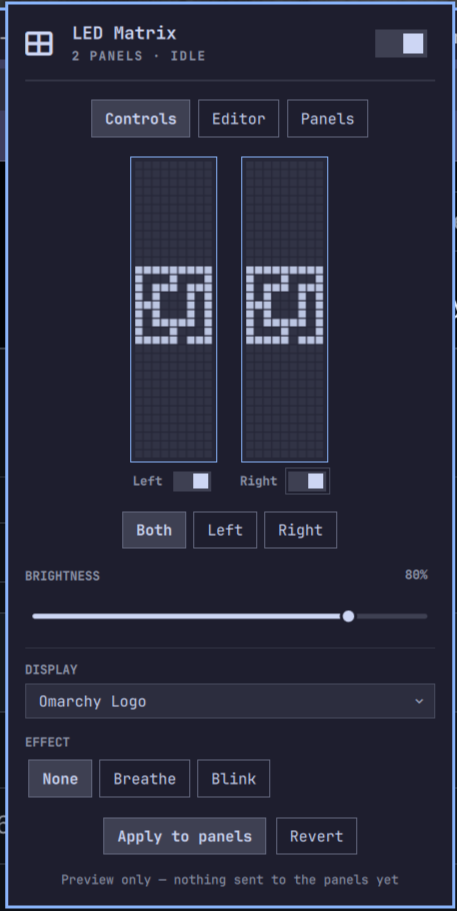 Controls tab — live preview of both panels with a staged pattern