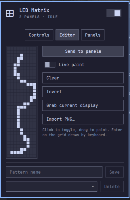 Editor tab — pixel-art pattern editor