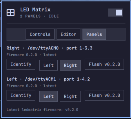 Panels tab — identity, side assignment, firmware