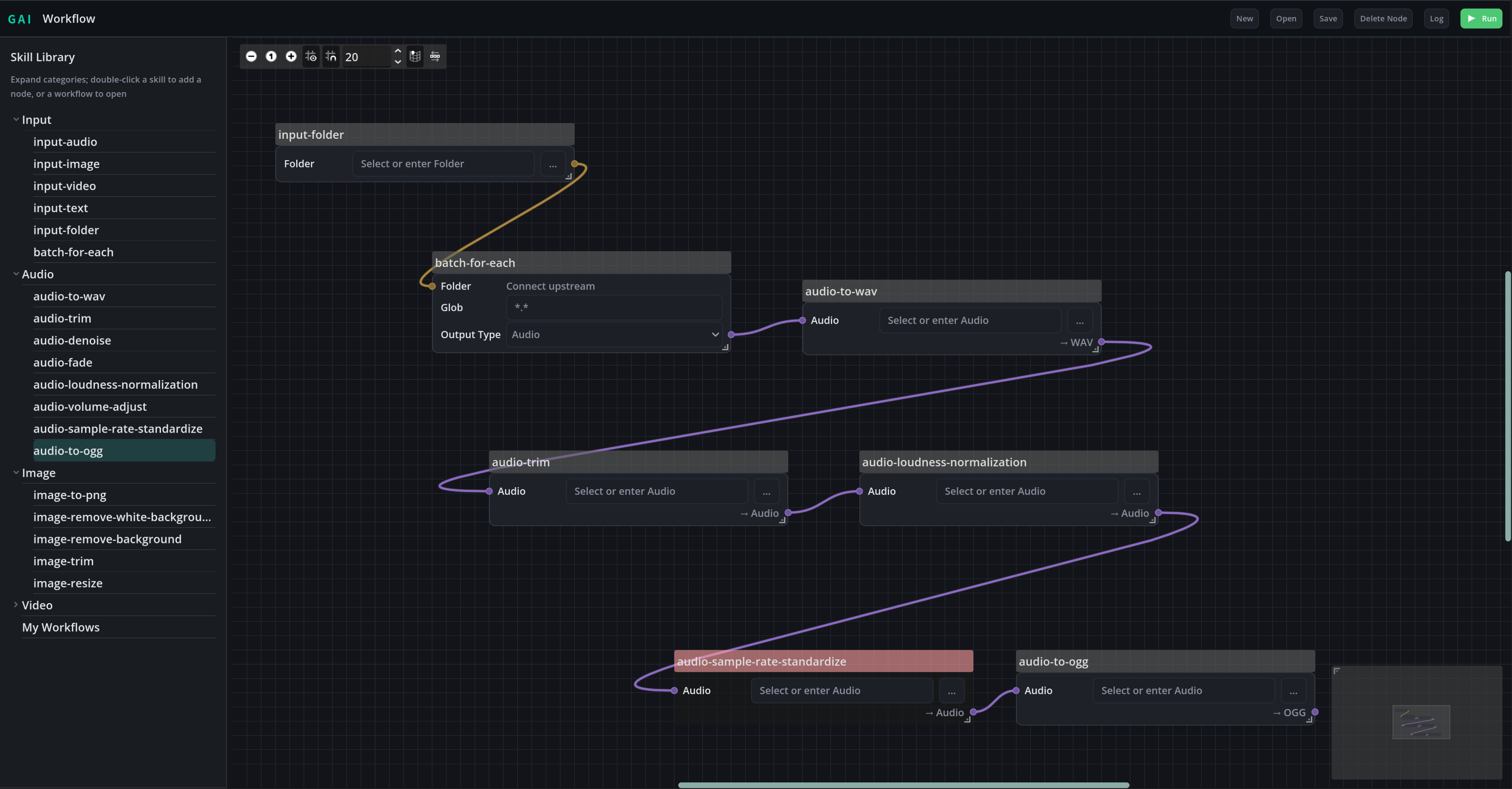 GAI workflow editor screenshot connecting input folder, batch processing, WAV conversion, trim, loudness normalization and OGG export