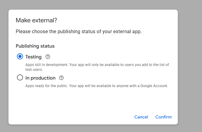 Screenshot of the popup when selecting External