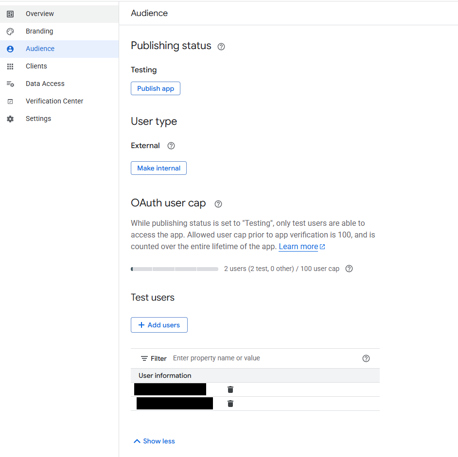 Screenshot of Test users section, with 2 redacted test users added