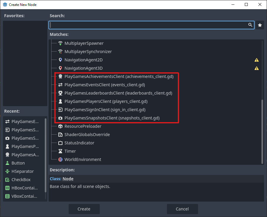 Screenshot of Godot's Create New Node dialog showing the plugin's nodes