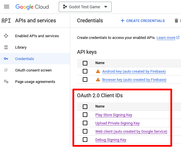 Screenshot of a Google Cloud menu with three Android OAuth2 clients and an extra web client, not relevant here