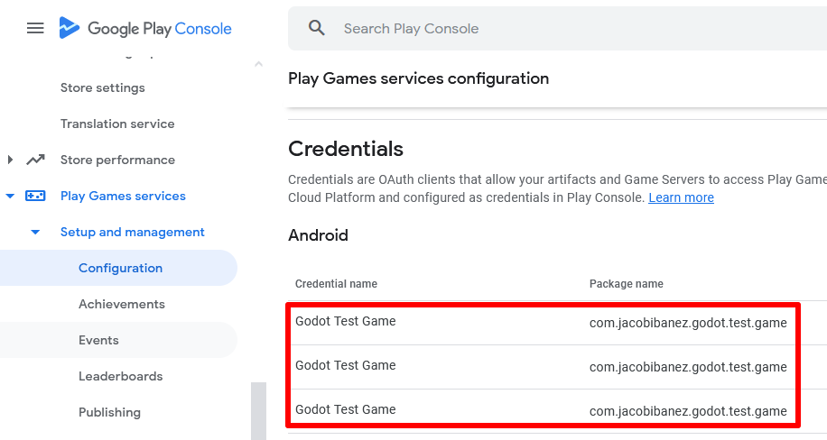 A screenshot of the Google Play Console menu of the app with three credentials created in the Play Games Services section