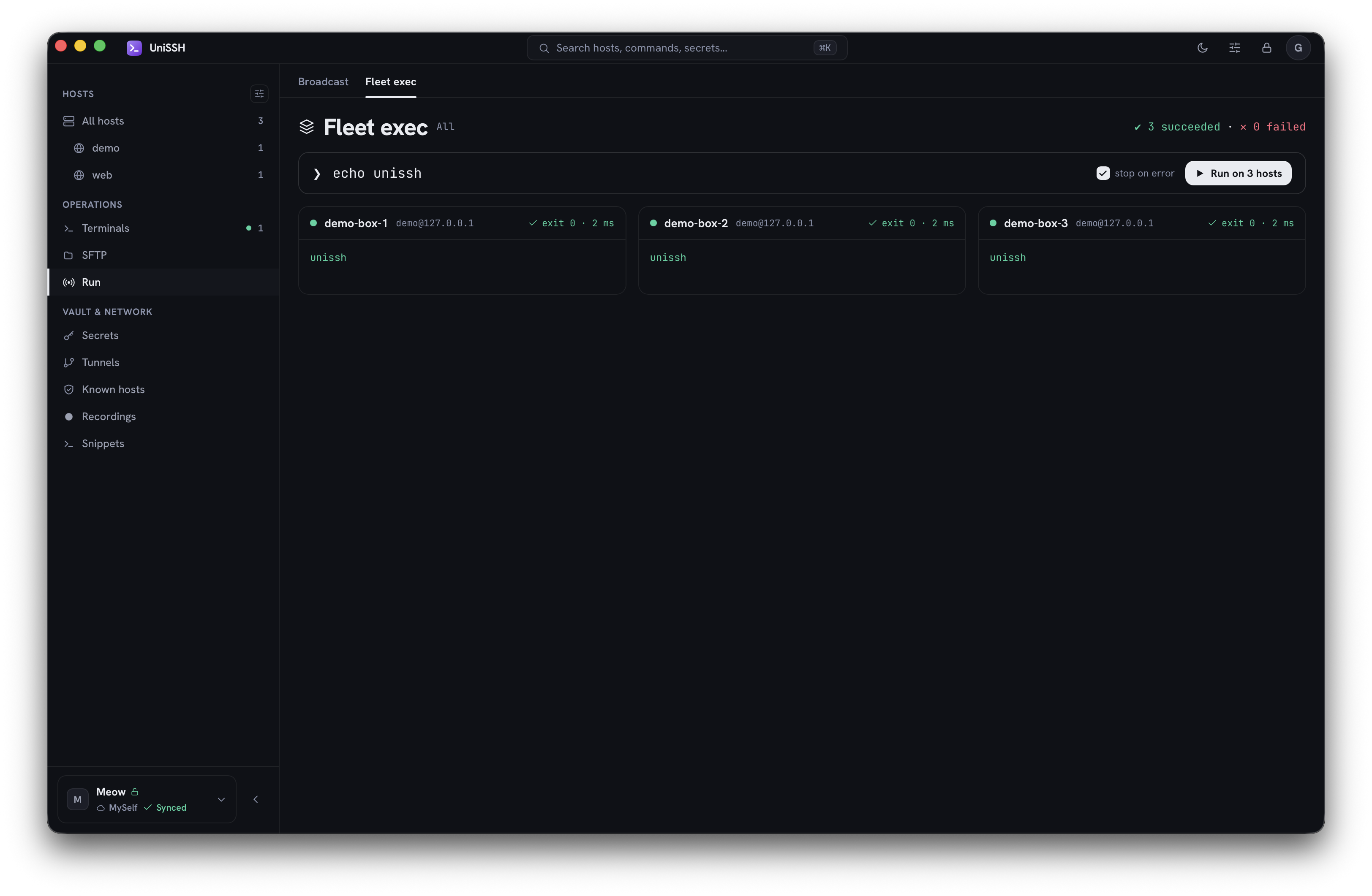 UniSSH Fleet exec — one command across three hosts with per-host exit codes