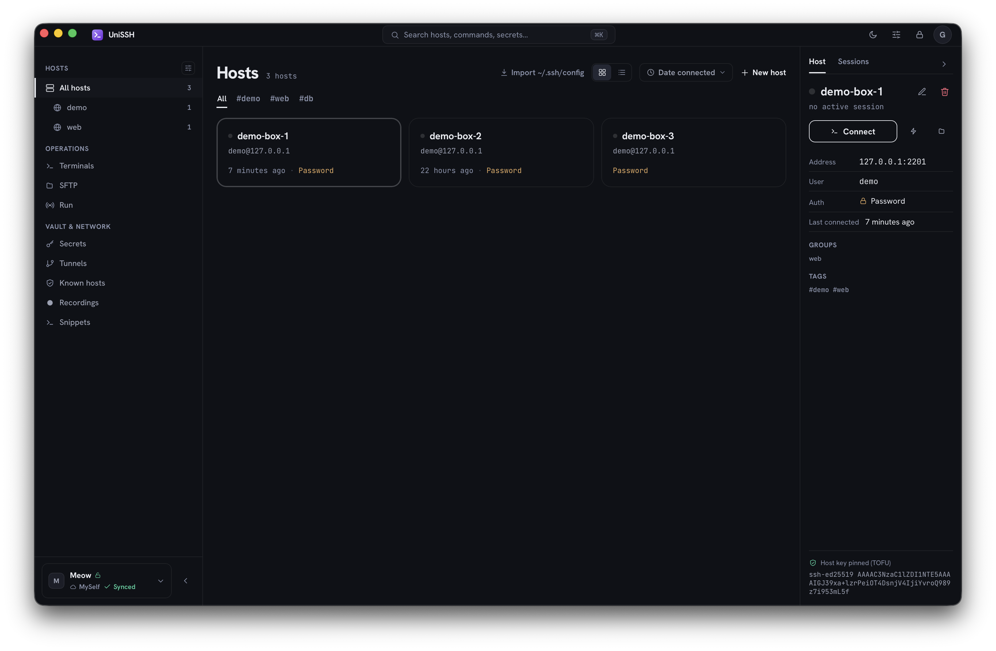 UniSSH desktop client — the host library in dark mode