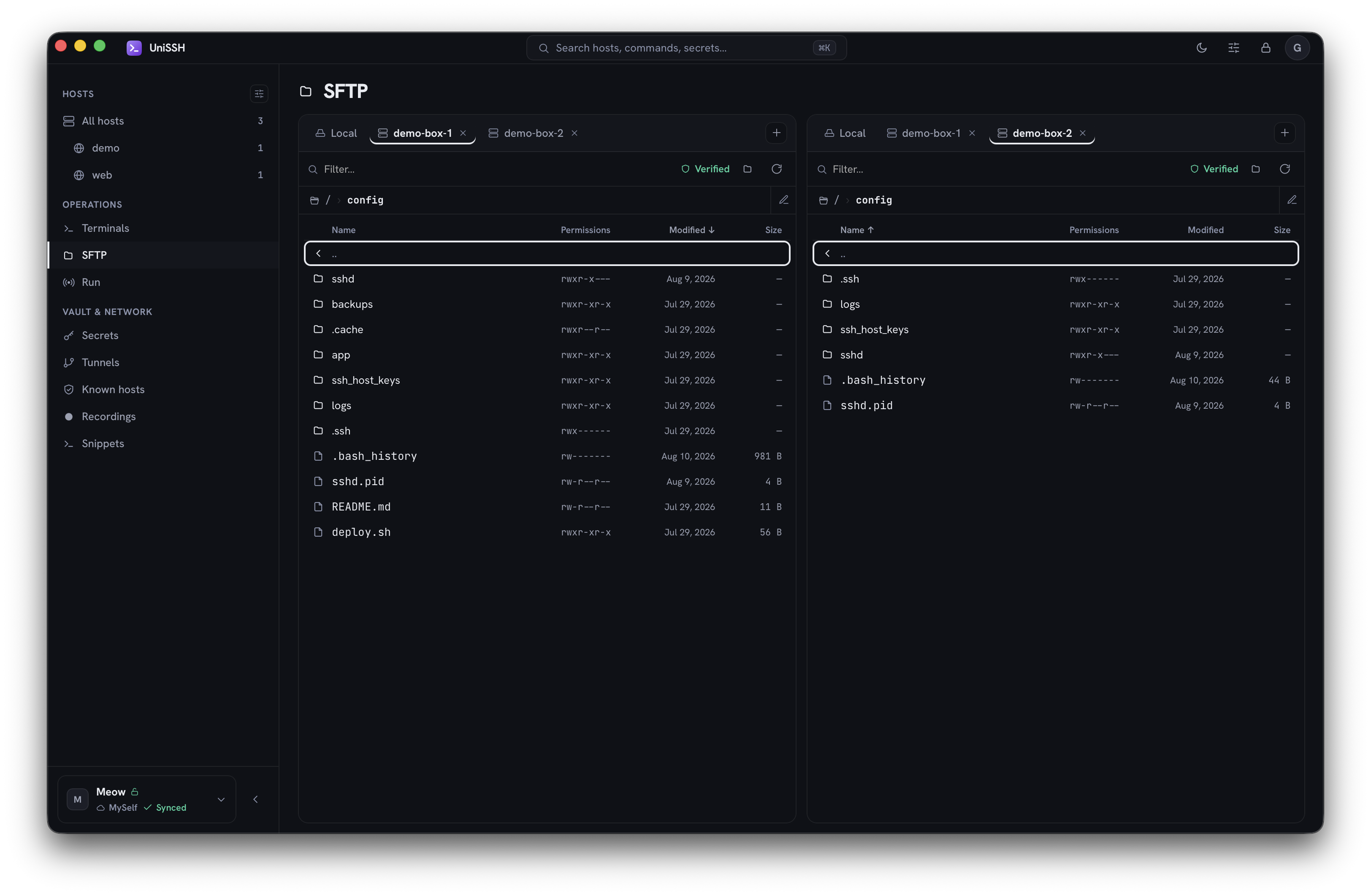 UniSSH SFTP — two panes, each browsing a different host