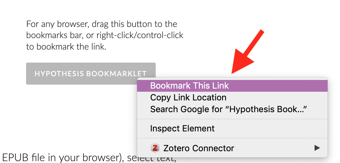 Image of right-clicking bookmarklet button and the ensuing dropdown menu