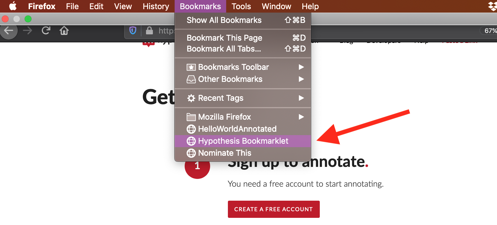 Image of activating the Hypothesis bookmarklet
