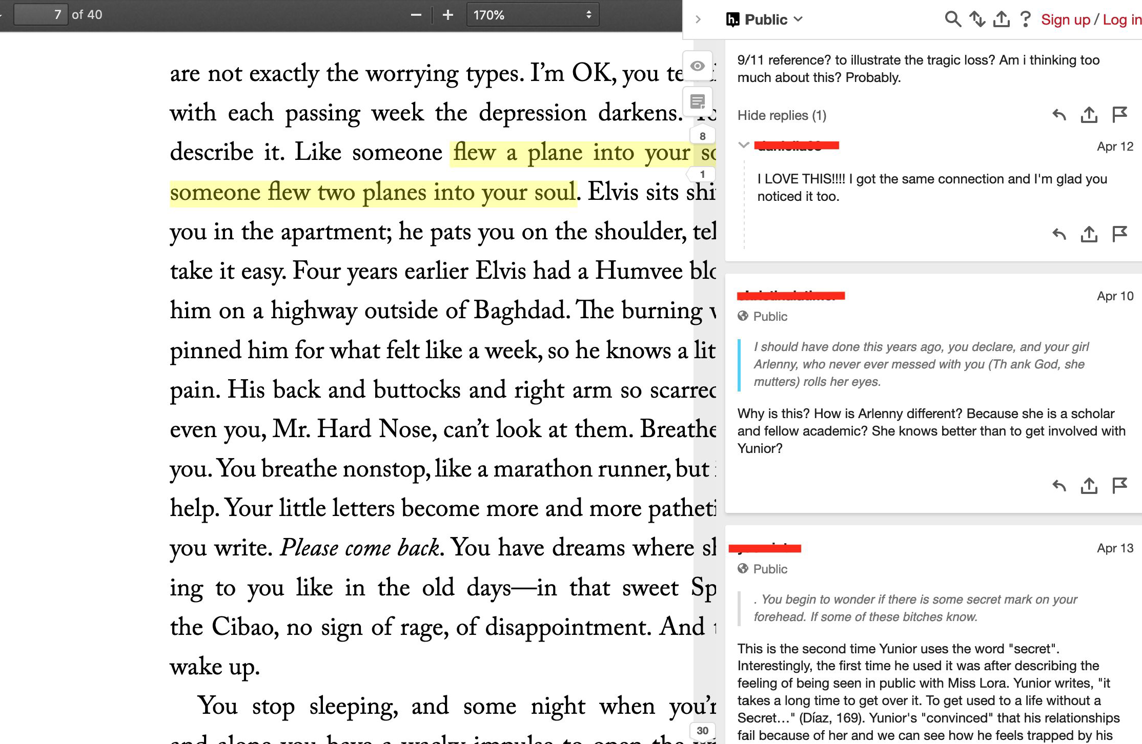 Image using hypothesis to highlight and comment on textual elements in Junot Diaz