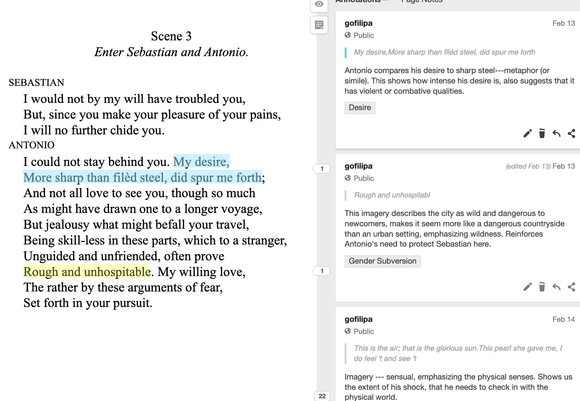 Image using hypothesis to highlight and comment on textual elements in Shakespeare