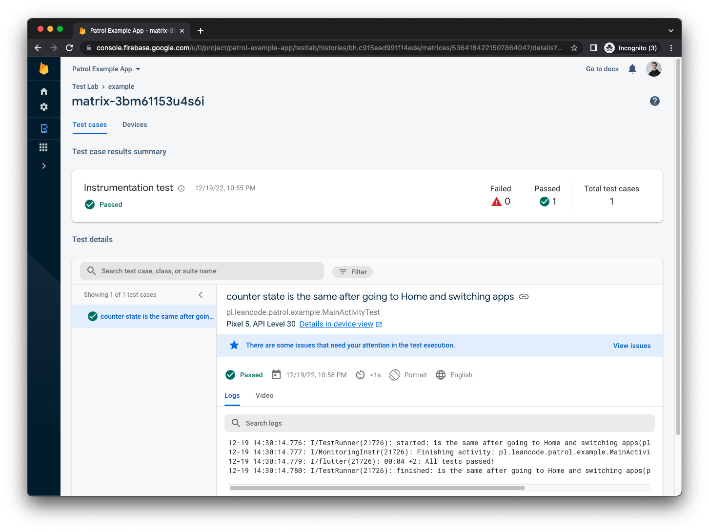 Test results in Firebase Test Lab