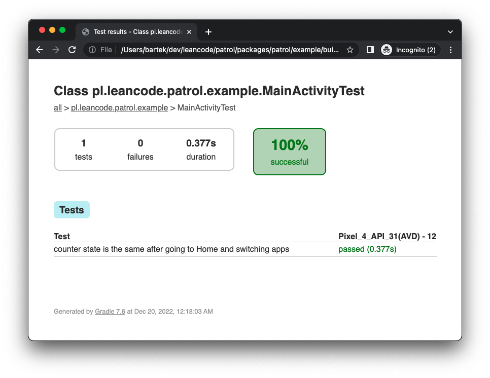 Test results generated by Gradle