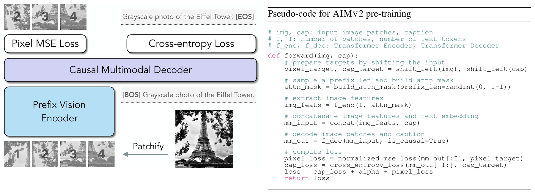 AIMv2: Multimodal Autoregressive Pre-training of Large Vision Encoders architecture: AIMv2's prefix-attention vision encoder and joint autoregressive multimodal decoder.