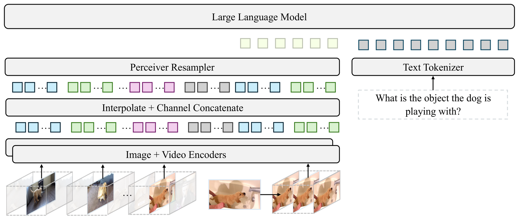 Apollo: An Exploration of Video Understanding in Large Multimodal Models architecture: Apollo architecture: image and video encoders process N-frame clips, interpolated features are concatenated channel-wise, and a Perceiver resampler produces a fixed token set for the language model.