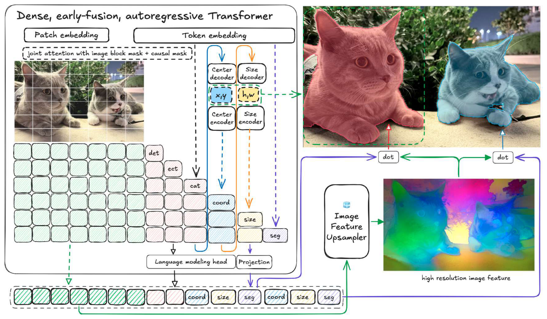 Falcon Perception: Early-Fusion Grounding, Segmentation, and OCR architecture: Early-fusion perception Transformer with grounding, geometry, and segmentation pathways