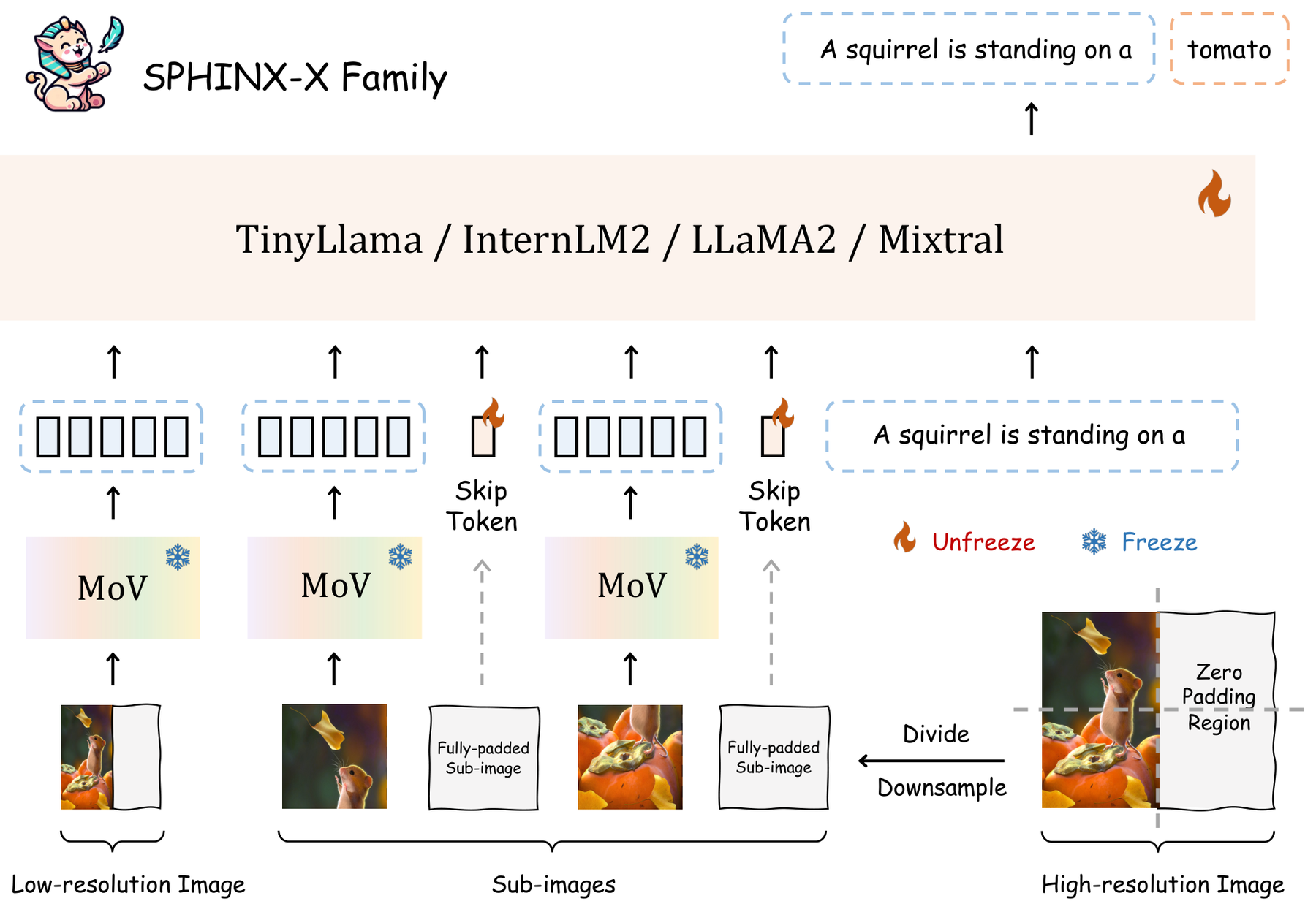 SPHINX-X: Scaling Data and Parameters for a Family of Multi-modal Large Language Models architecture: SPHINX-X combines mixed visual experts, padded-tile skip tokens, high-resolution partitioning, and unified training.