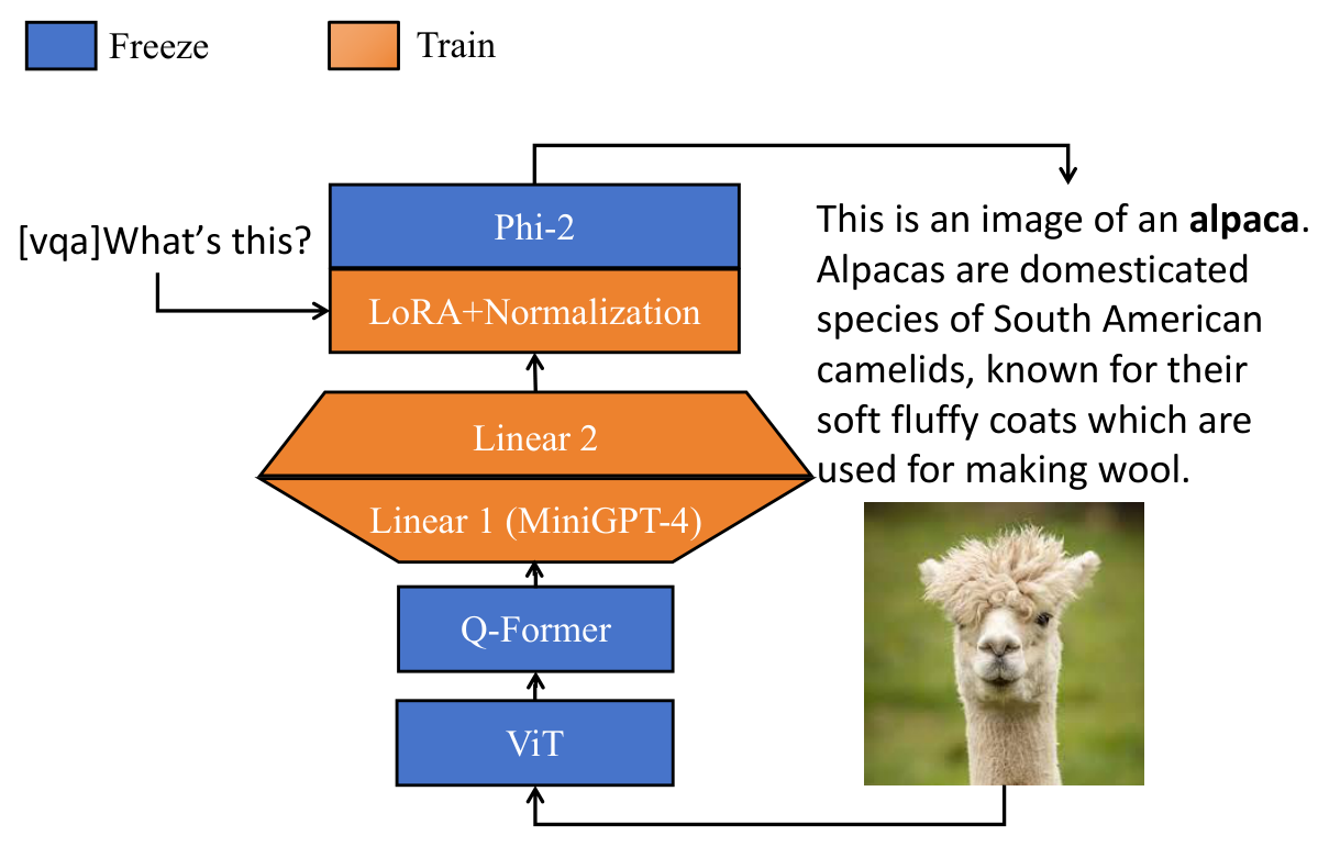 TinyGPT-V: Efficient Multimodal Large Language Model via Small Backbones architecture: TinyGPT-V projects frozen visual-backbone and Q-Former outputs through two linear layers into Phi-2.