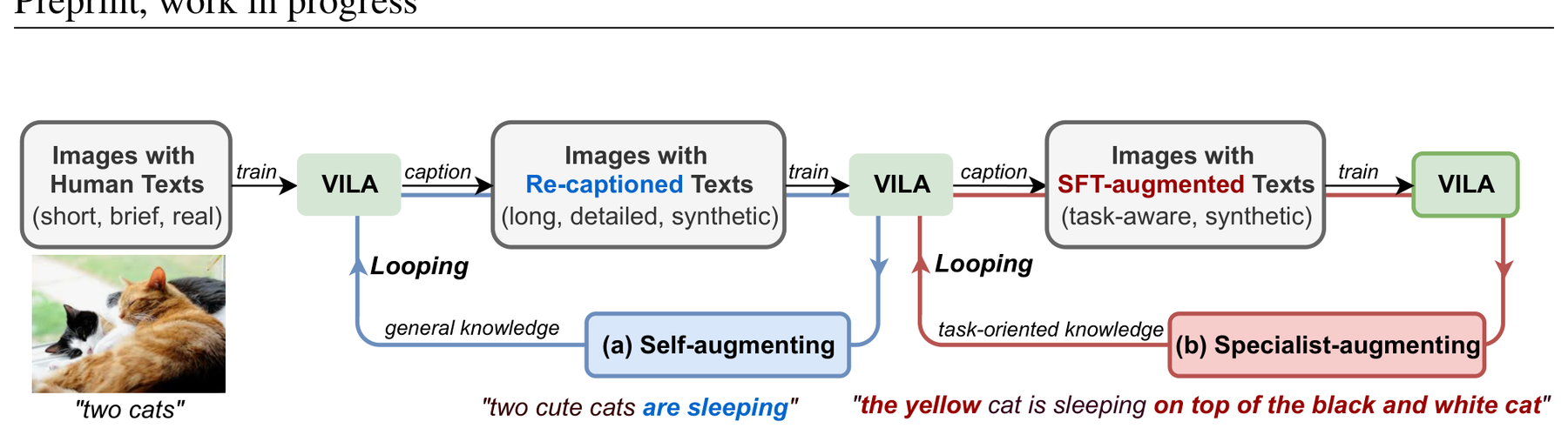 VILA²: VILA Augmented VILA architecture: VILA² improves itself through generic model-in-the-loop recaptioning and specialist-model augmentation.