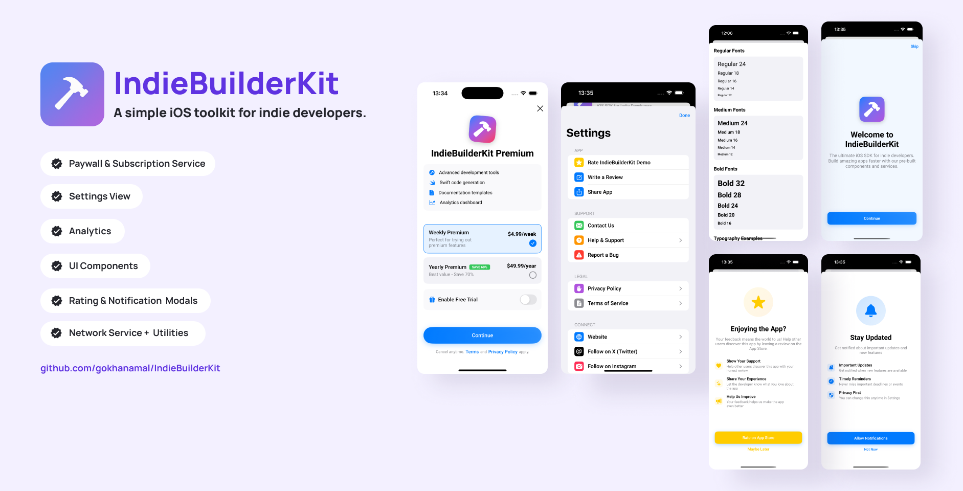 IndieBuilderKit - iOS toolkit showcase featuring paywall, settings, rating, notifications, typography, and UI components