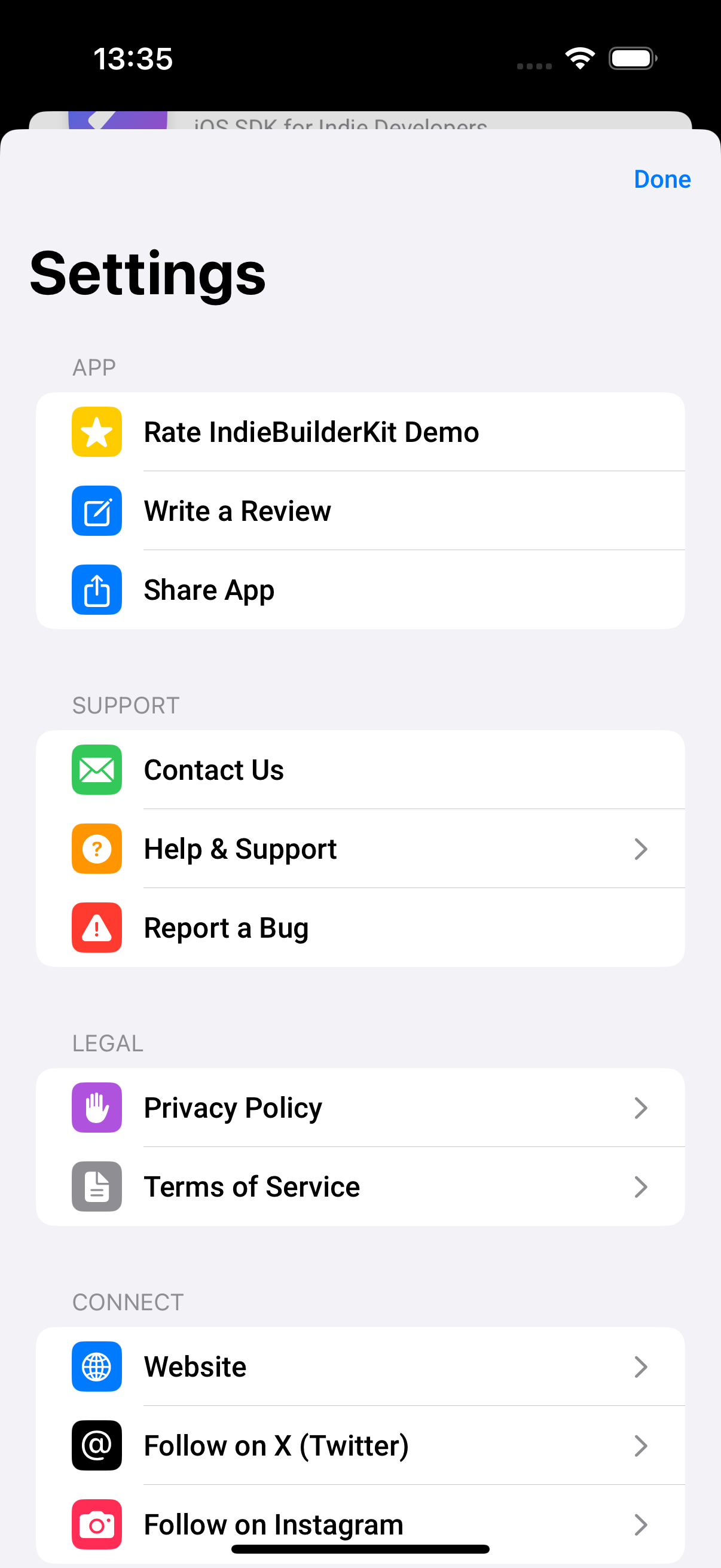 Settings screen
