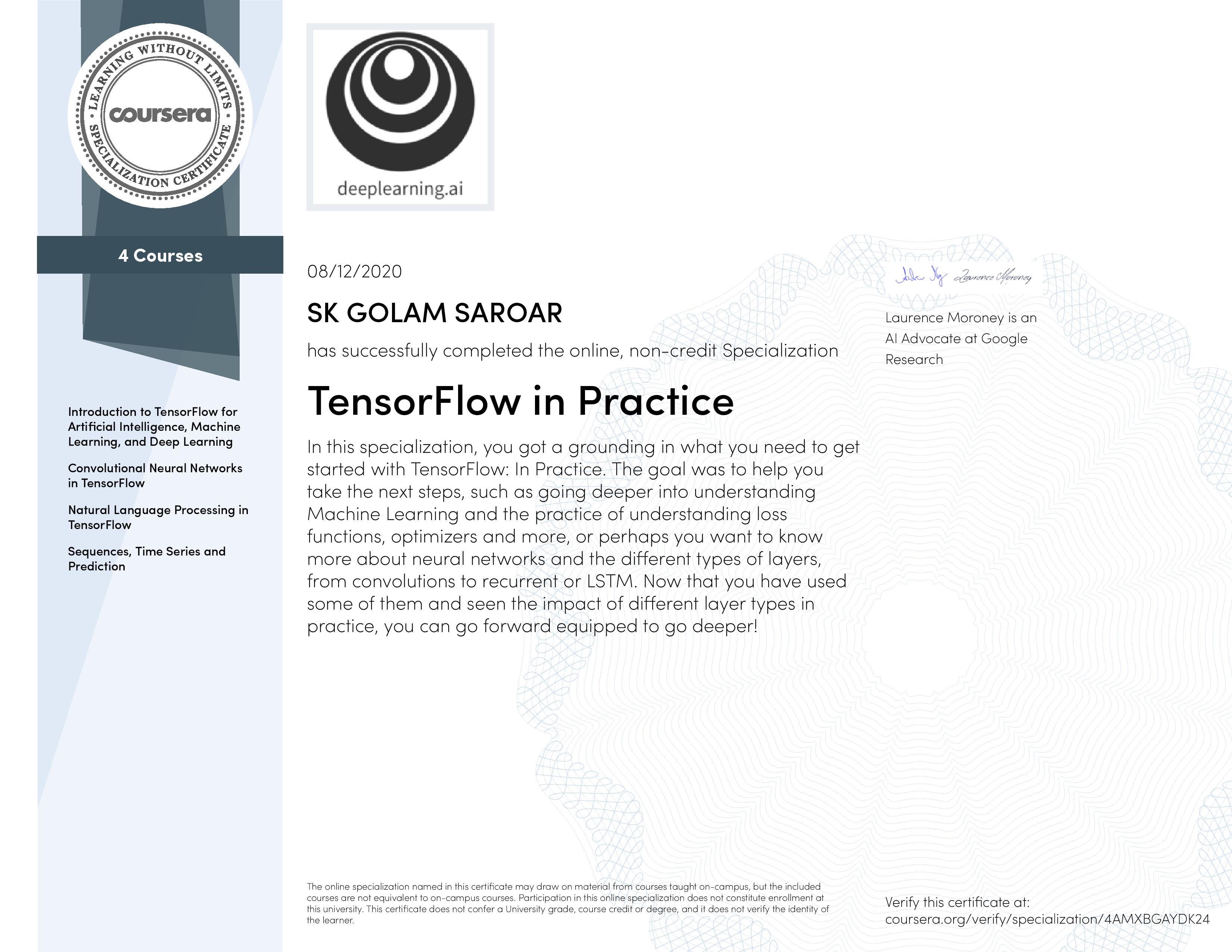 Certificate- Tensorflow in Practice Specialization