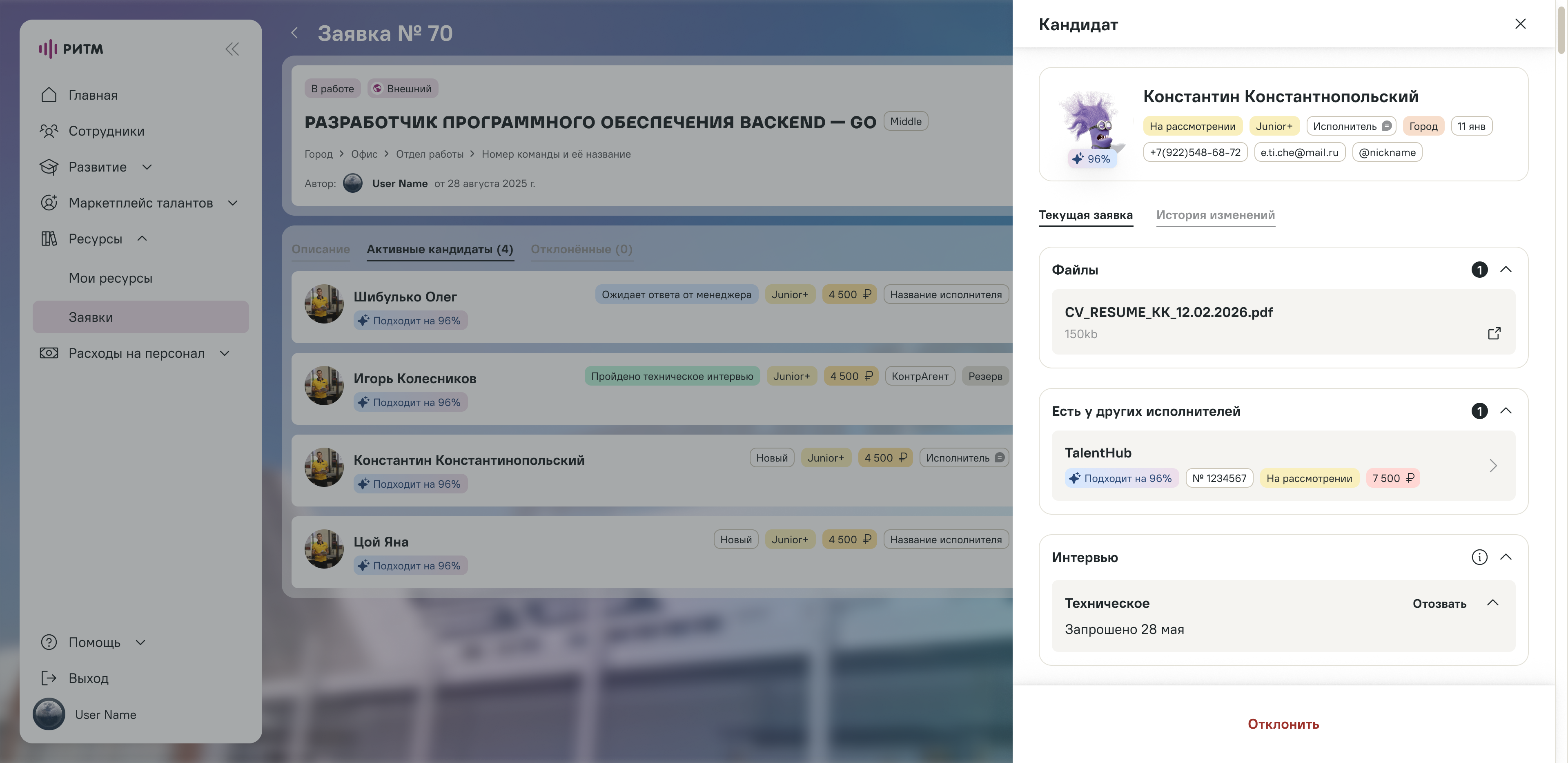 Карточка кандидата