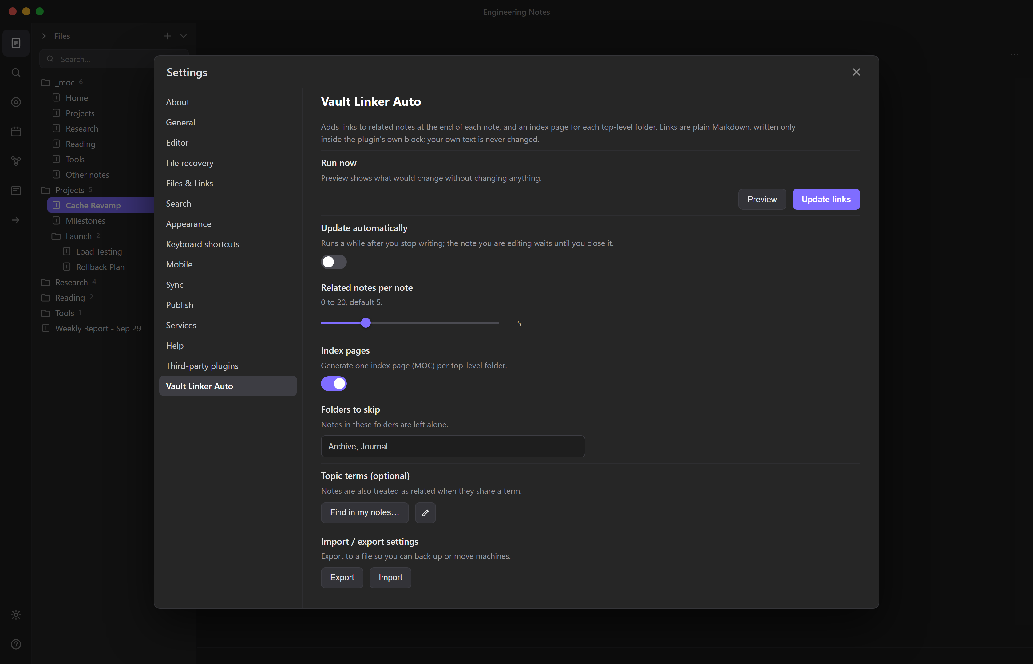 The settings page