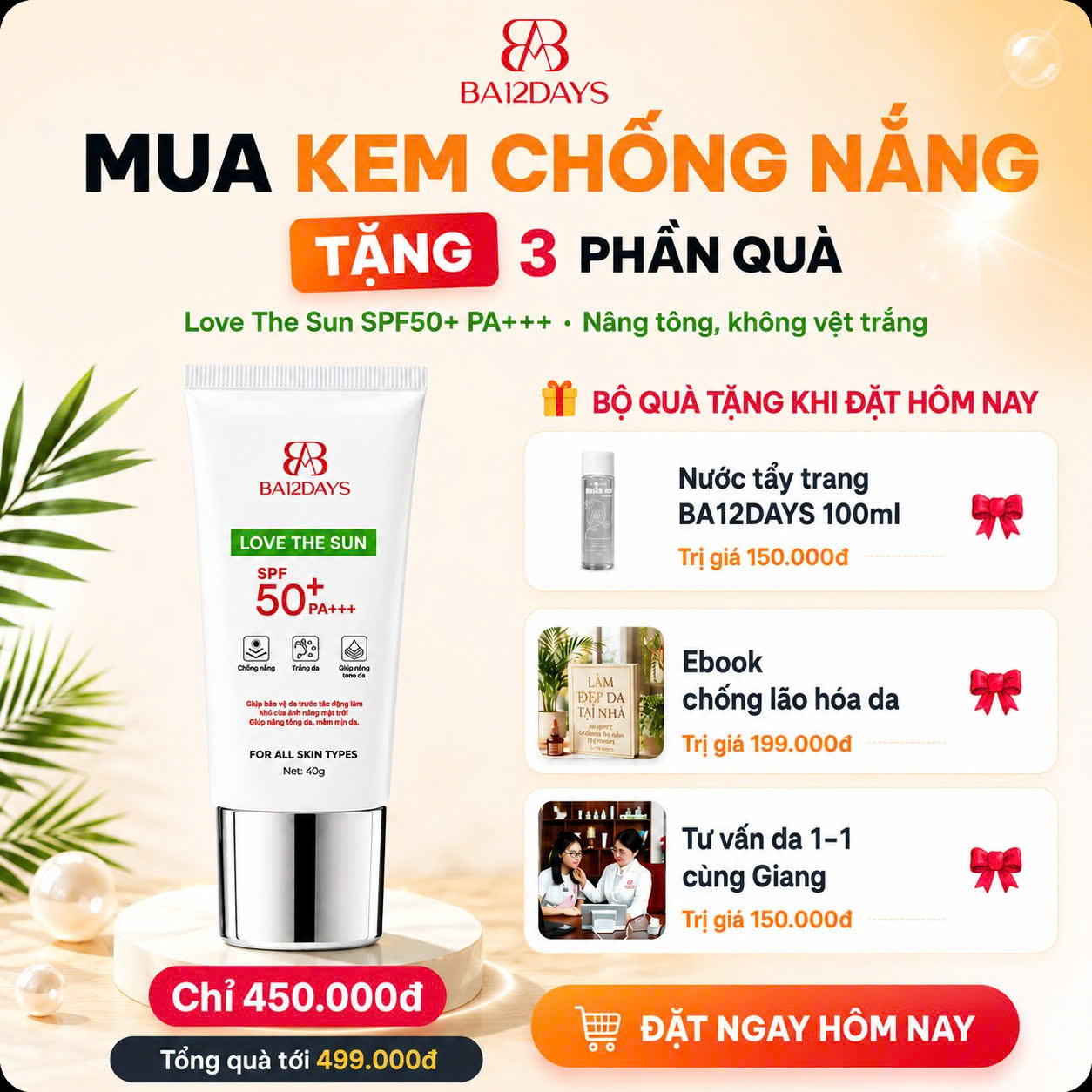 Mua kem chống nắng Love The Sun SPF50+ PA+++ tặng 3 quà: nước tẩy trang, ebook chống lão hóa, tư vấn da 1-1
