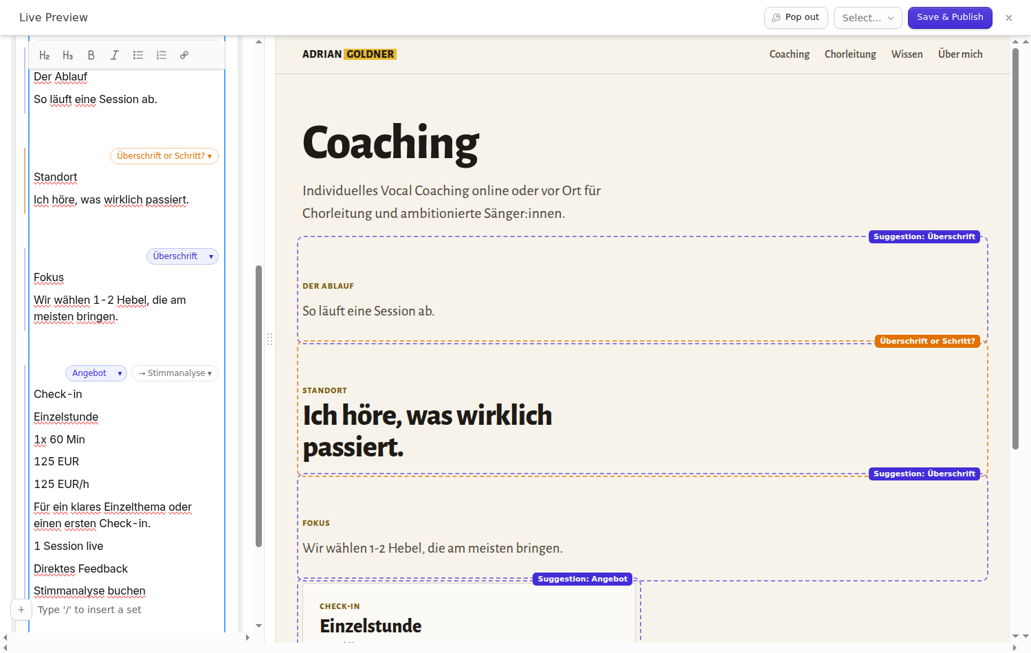 A Bard field with suggestions next to each paragraph, and the live preview showing them as dashed blocks