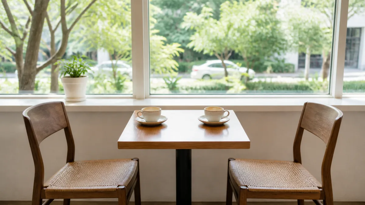 밝은 카페 창가 자리에 마주 놓인 빈 의자 두 개와 식어가는 커피 두 잔