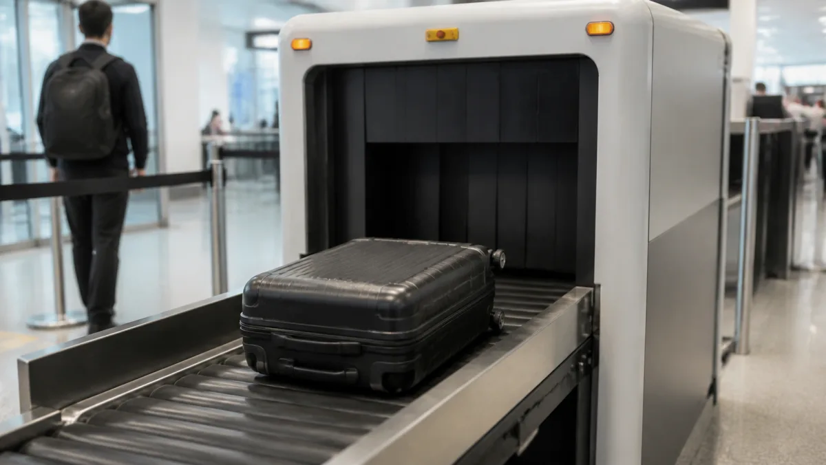 밝은 공항 보안검색대에서 컨베이어 위 가방 하나가 검색기를 지나쳐 그냥 빠져나가는 장면