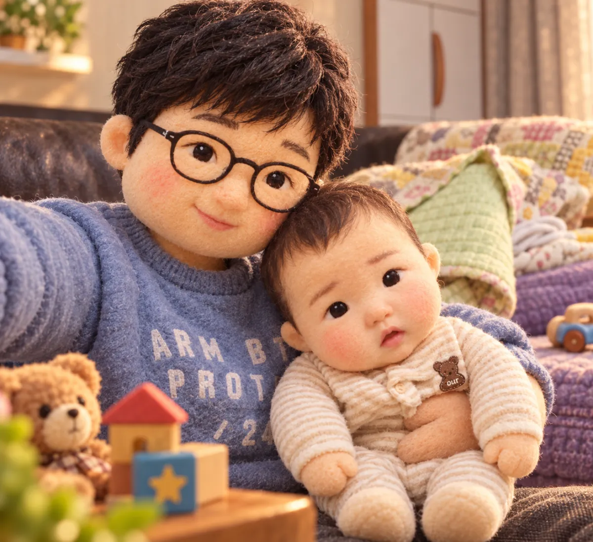 봉제인형으로 바뀐 셀카. 동그란 안경을 쓴 아빠가 줄무늬 옷을 입은 아기를 안고 있고, 앞에 곰 인형과 나무 블록이 흐릿하게 보인다