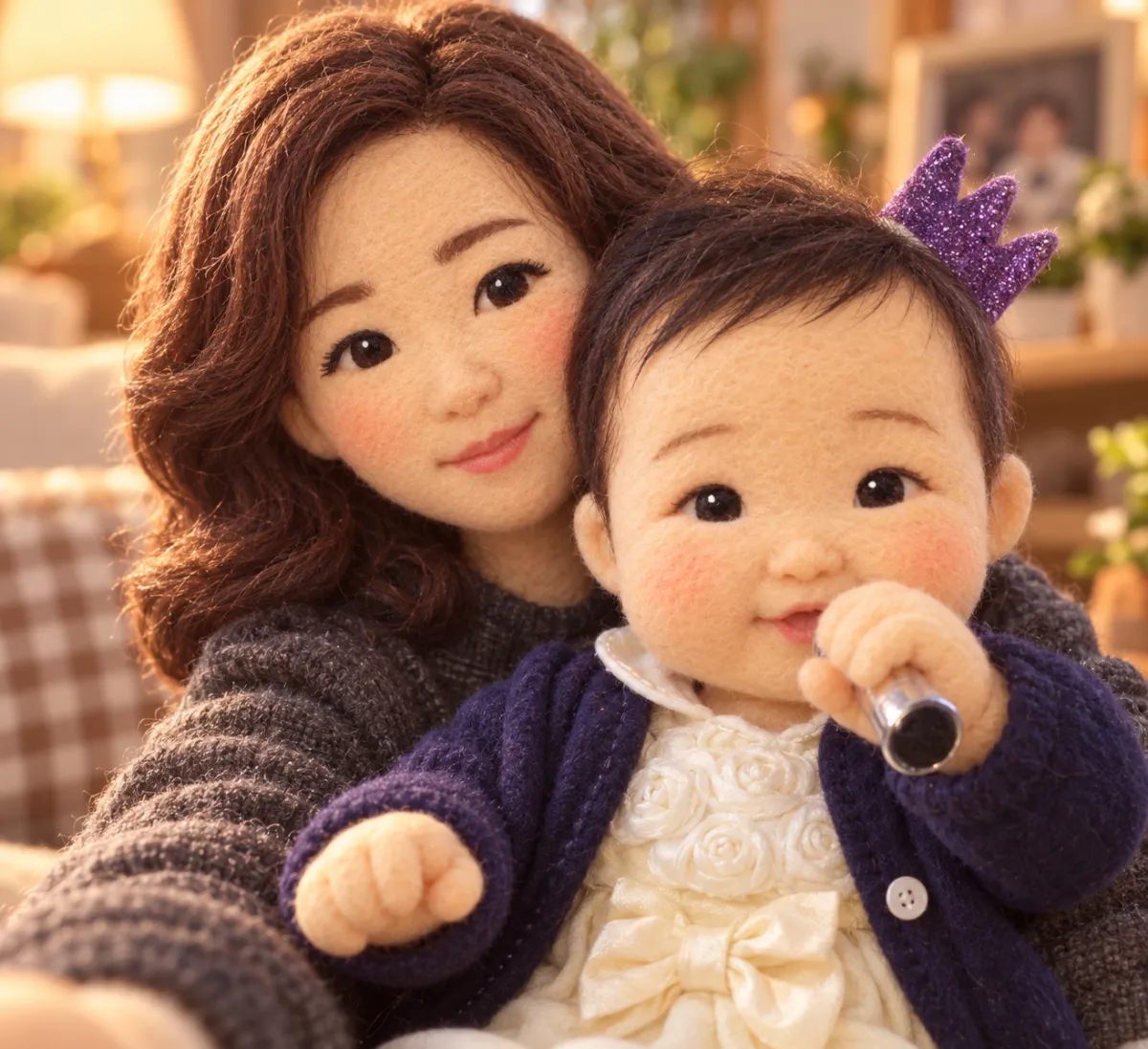 봉제인형으로 바뀐 셀카. 웨이브 머리의 엄마가 보라색 반짝이 왕관을 쓴 아기를 안고 있고, 화면 왼쪽 아래로 팔이 뻗어 나가 있다