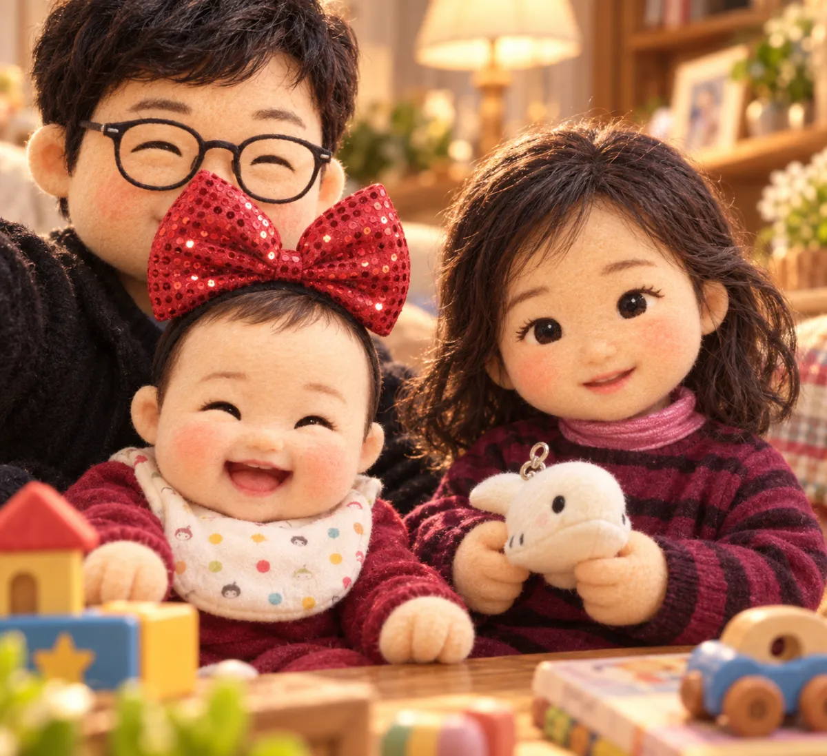 봉제인형으로 바뀐 가족사진. 안경 쓴 아빠 앞에서 빨간 스팽글 리본을 한 아기가 웃고, 옆에서 줄무늬 니트를 입은 여자아이가 흰 고래 인형을 들고 있다