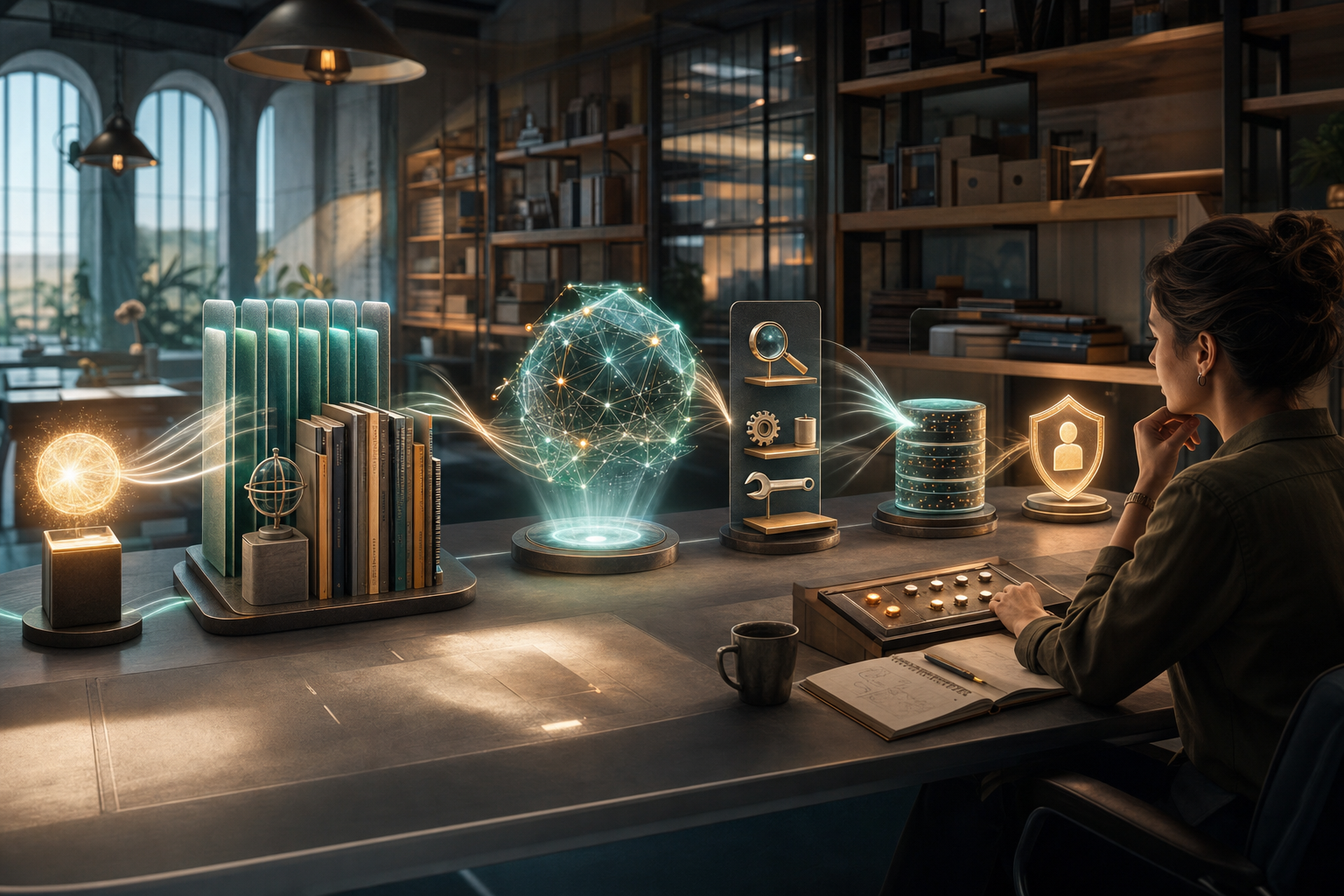 A human operator coordinating a connected set of agent capabilities for triggers, knowledge, tools, memory, and approval