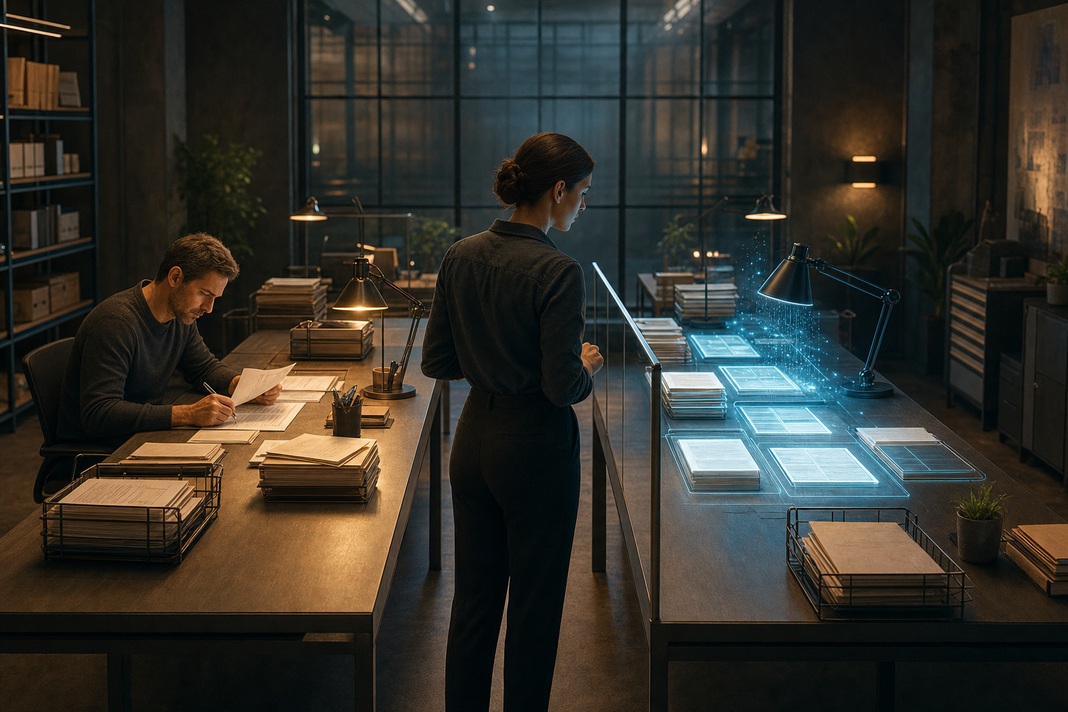 A human reviewer comparing an AI agent proposal with the existing process behind a clear safety boundary