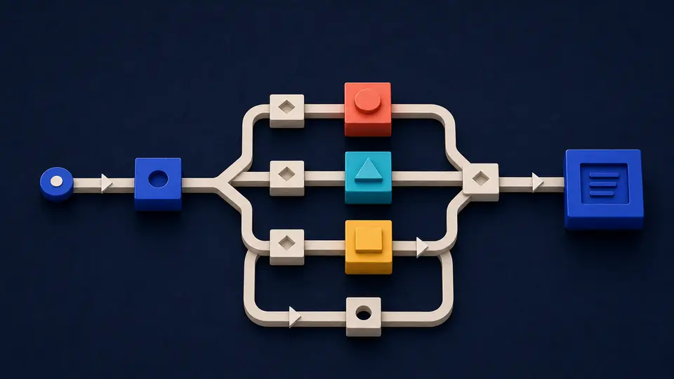 Modular workflow blocks route one typed event through a finite set of mutually exclusive action lanes.