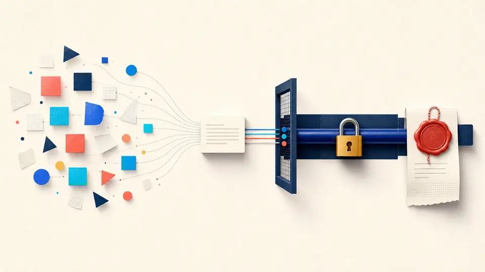 An open evidence cluster narrows into one typed proposal block before a locked external-action lane.