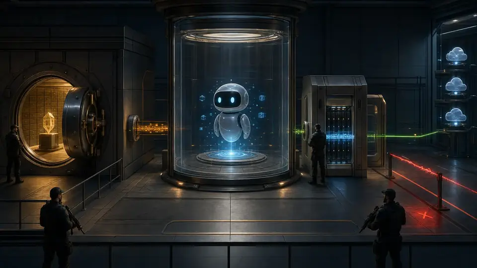 An agent process isolated inside a transparent chamber while credentials and network routes remain behind separate guarded boundaries