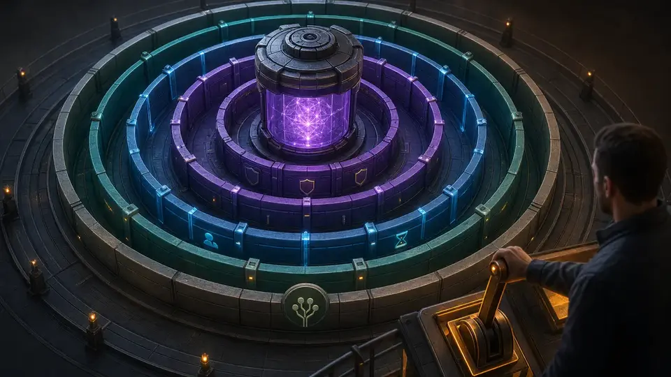 A model chamber surrounded by concentric policy walls representing request, token, tool-call, result-size, and recursion budgets