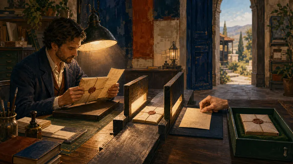 Painterly editor comparing a sealed source packet with a public readback while a rollback copy remains in a separate tray