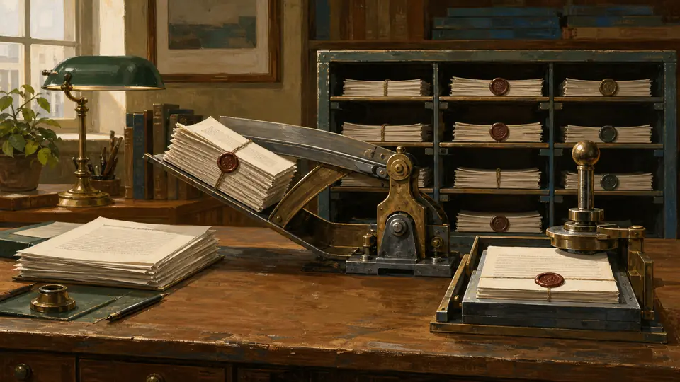 Painterly editorial workbench separating archived document versions from an independent publication seal