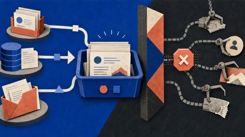 Editorial collage separating owner-provided records and local drafts from blocked scraping collectors