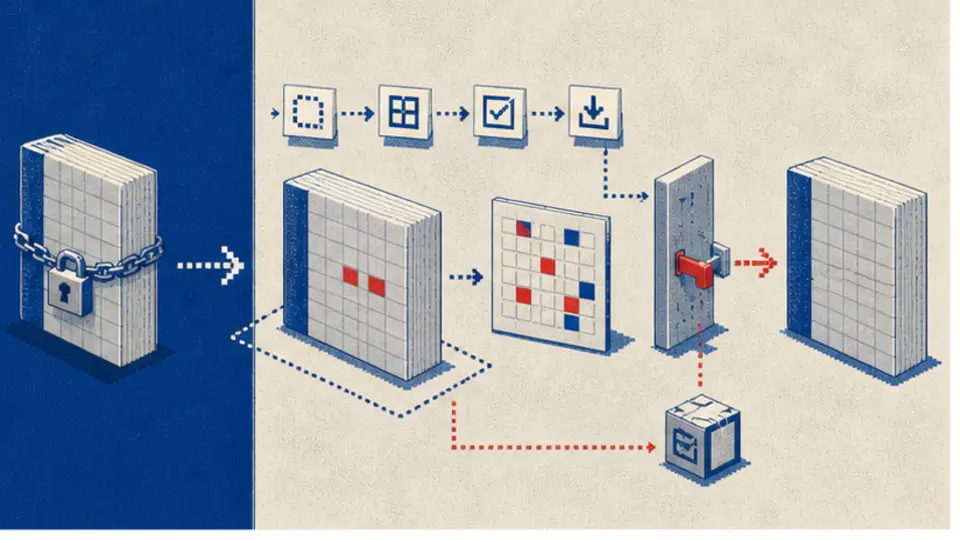 Retro pixel illustration showing a sealed source workbook copied through a diff and readback latch into a separate output