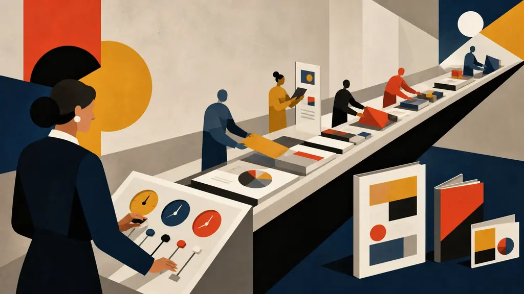 An operations leader reviews long-running agent work and spending controls while a team prepares finished marketing assets.